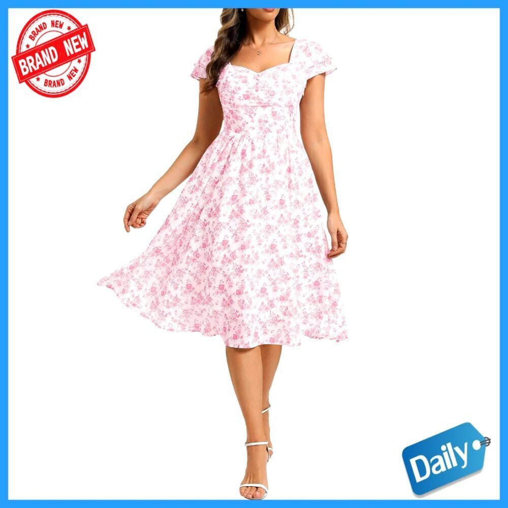 Floral Ruffle Cap Sleeve Ruched Midi Dress Elegant Cocktail Party Wear